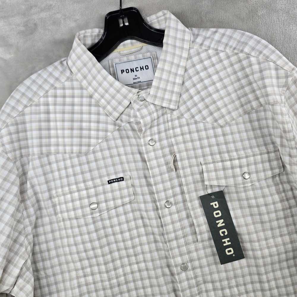 Poncho Western Shirt Mens XL Slim Tan White Gingham Pearl Snap Long Sleeve